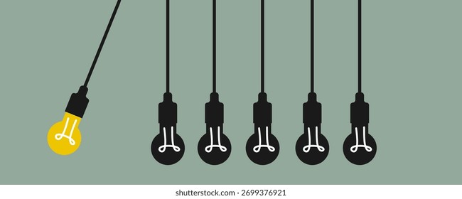 Ilustração criativa de um berço de Newton usando lâmpadas, com uma lâmpada iluminada balançando para atingir uma fileira de lâmpadas escuras, simbolizando energia, ideias, movimento, e causa e efeito.