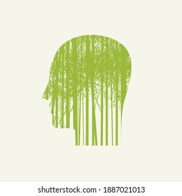 Creative illustration on the theme of environmental protection. Vector poster in the form of human head in profile with green silhouettes of young trees. Eco Poster Concept