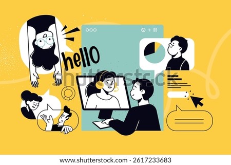 Creative illustration of online communication, support, social network. Vector concept for web banner, social media banner, business presentation, marketing material. 