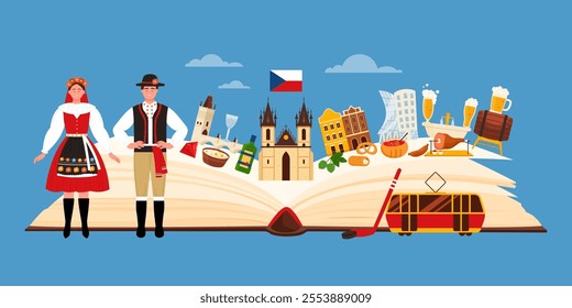 Creative illustration of an open book with Czech cultural icons such as Prague Castle, folk costumes, beer, and traditional foods, representing Czech history, traditions, and landmarks.