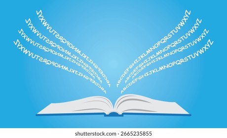 Creative illustration of an open book with letters flying out, ideal for literacy campaigns, reading programs, educational content, and publishing designs.