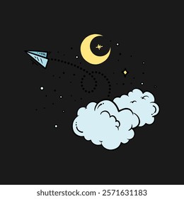 Creative illustration of a paper plane flying through a night sky with clouds and a crescent moon