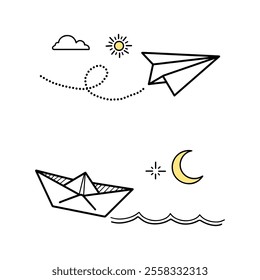Creative illustration of paper planes floating in the sky during the day and paper boats floating on the water at night