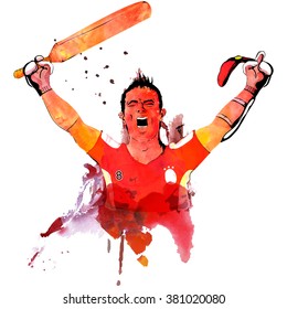 Creative illustration of a player holding bat, made by color splash for Cricket Sports concept.