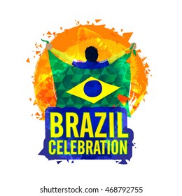 Ilustración creativa de un jugador que sostiene la Bandera de Brasil sobre fondo abstracto para el concepto de Deportes, se puede usar como afiche, pancarta o diseño de volante.