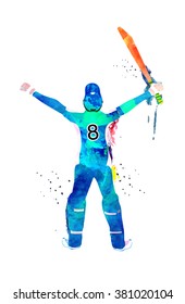 Creative illustration of a Player made by color splash in winning pose for Cricket Sports concept.