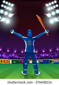 Creative illustration of a player in winning pose and different participant countries flags on night stadium lights background for Cricket Sports concept. 