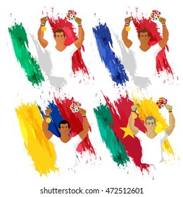Creative illustration of players in winning pose on participant countries Flags background for Sports concept.