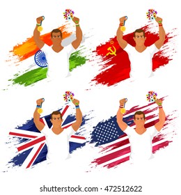 Creative illustration of players in winning pose on participant countries Flags background for Sports concept.