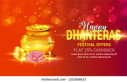Creative illustration, poster or banner with decorated pot filled with gold coins of Happy dhanteras, diwali festival celebration background