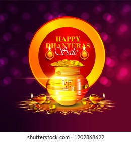 Creative illustration, poster or banner with decorated pot filled with gold coins of Happy dhanteras, diwali festival celebration background