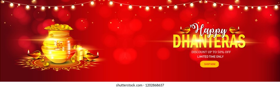 Creative illustration, poster or banner with decorated pot filled with gold coins of Happy dhanteras, diwali festival celebration background