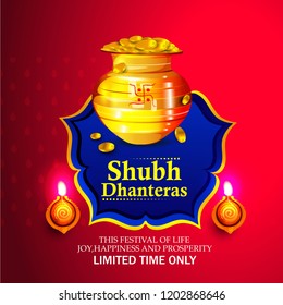 Creative illustration, poster or banner with decorated pot filled with gold coins of Happy dhanteras, diwali festival celebration background