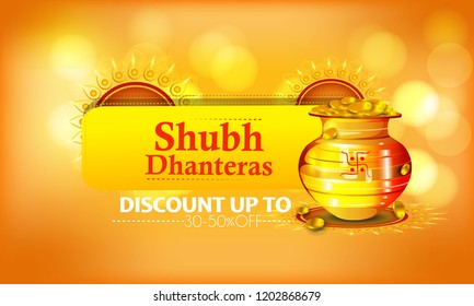 Creative illustration, poster or banner with decorated pot filled with gold coins of Happy dhanteras, diwali festival celebration background