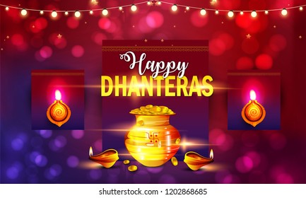 Creative illustration, poster or banner with decorated pot filled with gold coins of Happy dhanteras, diwali festival celebration background