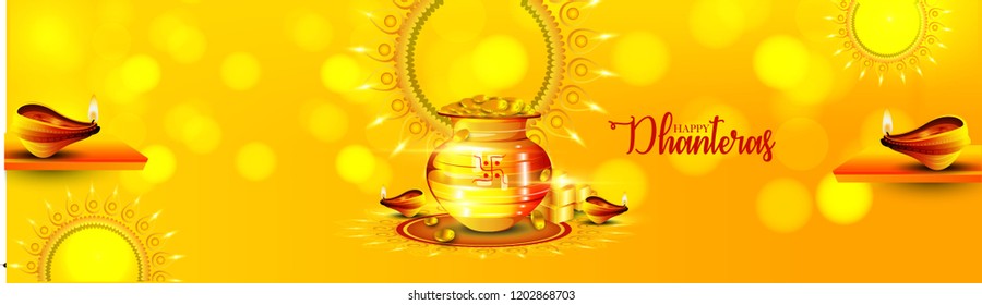 Creative illustration, poster or banner with decorated pot filled with gold coins of Happy dhanteras, diwali festival celebration background