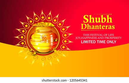 Creative illustration, poster or banner with decorated pot filled with gold coins of Happy dhanteras, diwali festival celebration background