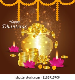 Creative illustration ,poster or banner of Dhanteras, festival of indian.  social media banner decorated with coin and lotus & shiny background, shubh dhanteras.