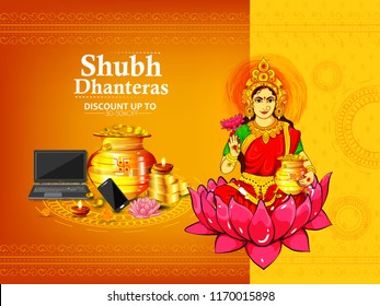 Creative illustration, poster or banner with goddess maa laxmi of dhanteras , decorated pot filled with gold coins celebration background. Happy dhanteras Creative illustration, poster or banner with goddess maa laxmi of dhanteras , decorated pot filled with gold coins celebration background. Happy dhanteras