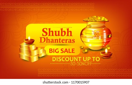 Creative illustration, poster or banner with goddess maa laxmi of dhanteras , decorated pot filled with gold coins  celebration background. Happy dhanteras