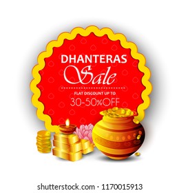 Creative illustration, poster or banner with goddess maa laxmi of dhanteras , decorated pot filled with gold coins  celebration background. Happy dhanteras