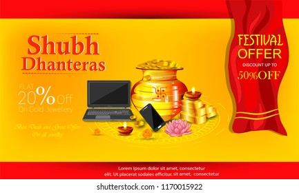 Creative illustration, poster or banner with goddess maa laxmi of dhanteras , decorated pot filled with gold coins  celebration background. Happy dhanteras
