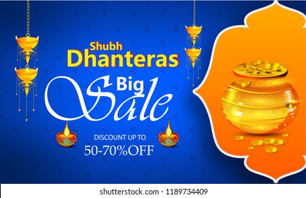 Creative illustration poster or banner with goddess maa laxmi of dhanteras, decorated pot filled with gold coins celebration Happy dhanteras