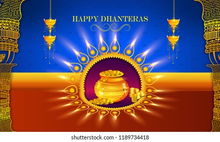 Creative illustration poster or banner with goddess maa laxmi of dhanteras, decorated pot filled with gold coins celebration Happy dhanteras