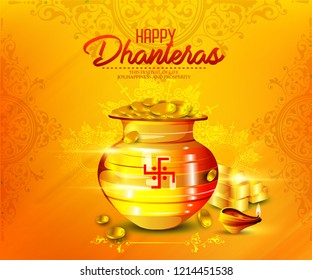 Creative illustration, poster or banner of Gold coin in pot for celebration on Happy dhanteras with hanging  diya