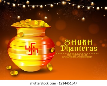 Creative illustration, poster or banner of Gold coin in pot for celebration on Happy dhanteras with hanging  diya