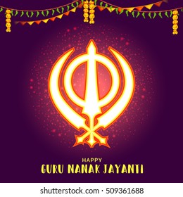 Creative illustration poster or banner of Guru Nanak Jayanti celebration.