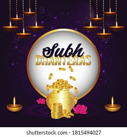 Creative illustration or poster/banner with golden shiny pot  with gold coins of  dhanteras and diwali festival celebration background.