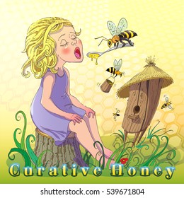 Creative illustration promotes use honey. Cartoon image of a teenage girl eating honey on a background of the hive and the bees.