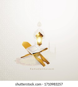 Creative illustration of Ramadan Mubarak Islamic holy month with mosque, crescent moon, illuminated lanterns,
