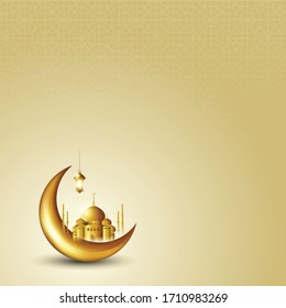 Creative illustration of Ramadan Mubarak Islamic holy month with mosque, crescent moon, illuminated lanterns,