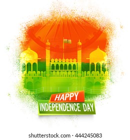 Creative illustration of Red Fort with Ashoka Wheel, Beautiful Indian National Flag colour background for Happy Independence Day celebration.