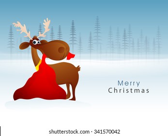 Creative illustration of reindeer holding red gift sack in mouth on fir trees decorated background for Merry Christmas celebration.