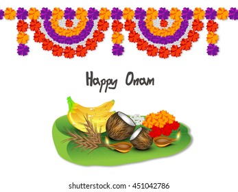 Creative illustration of religious offerings on banana leaf with beautiful flowers decoration for South Indian Famous Festival, Happy Onam celebration.