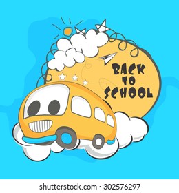 Ilustración creativa de un bus en funcionamiento para el concepto Back to School sobre fondo azul cielo.