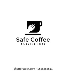 Creative illustration safe hand with cup coffee icon vector logo design template.