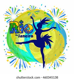 Creative illustration of Samba Dancer and Stylish Text Rio de Janeiro on Brazilian Flag colors abstract background, Stylish Poster, Banner or Flyer design for Carnival or Party celebrations.