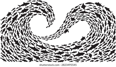 A creative illustration of a school of fish, sharks, and sea turtles swimming together to form the shape of a large ocean wave, isolated on white background.