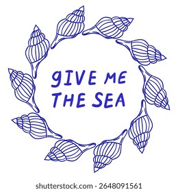 Creative illustration of seashells surrounding text expressing love for the sea