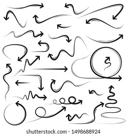 Creative illustration of a set of drawn black arrows. Art design grunge sketch handmade watercolor doodle. Abstract concept graphic element.