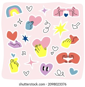 Creative illustration set of hand drawn vector elements for Valentine’s Day. Abstract collection of isolated hands, hearts, shapes, stars, arrows, rainbow. Happy and cute doodles for romantic holiday.