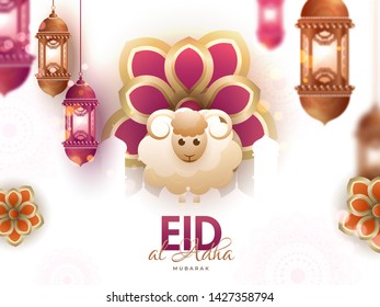 Creative illustration of Sheep with calligraphy text Eid-Al-Adha on Mosque silhouette for Muslim Community, Festival of Sacrifice, Eid-Al-Adha Celebration. 
