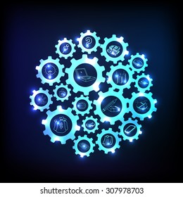 Creative illustration of shiny cogwheel with various infographic elements.