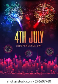 Creative illustration of shiny text 4th July, city view and sparkling fireworks for American Independence Day celebration.