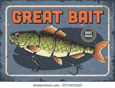 A creative illustration showcases a fish with a vintage appeal emphasizing the quality of bait. The design features a fishing hook and promotes a best price tag perfect for anglers.