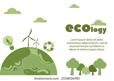 Creative illustration showcasing ecology elements on a green planet with renewable energy sources